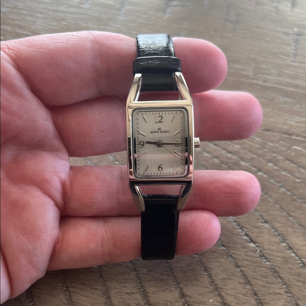 Anne‎ Klein Vintage 80's Silver Dial Black Leather Strap Watch